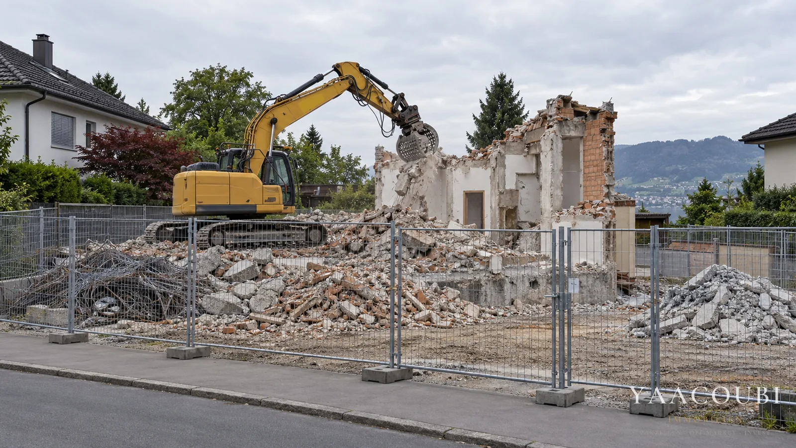 Abbruch eines älteren Hauses hinter dem Bauzaun