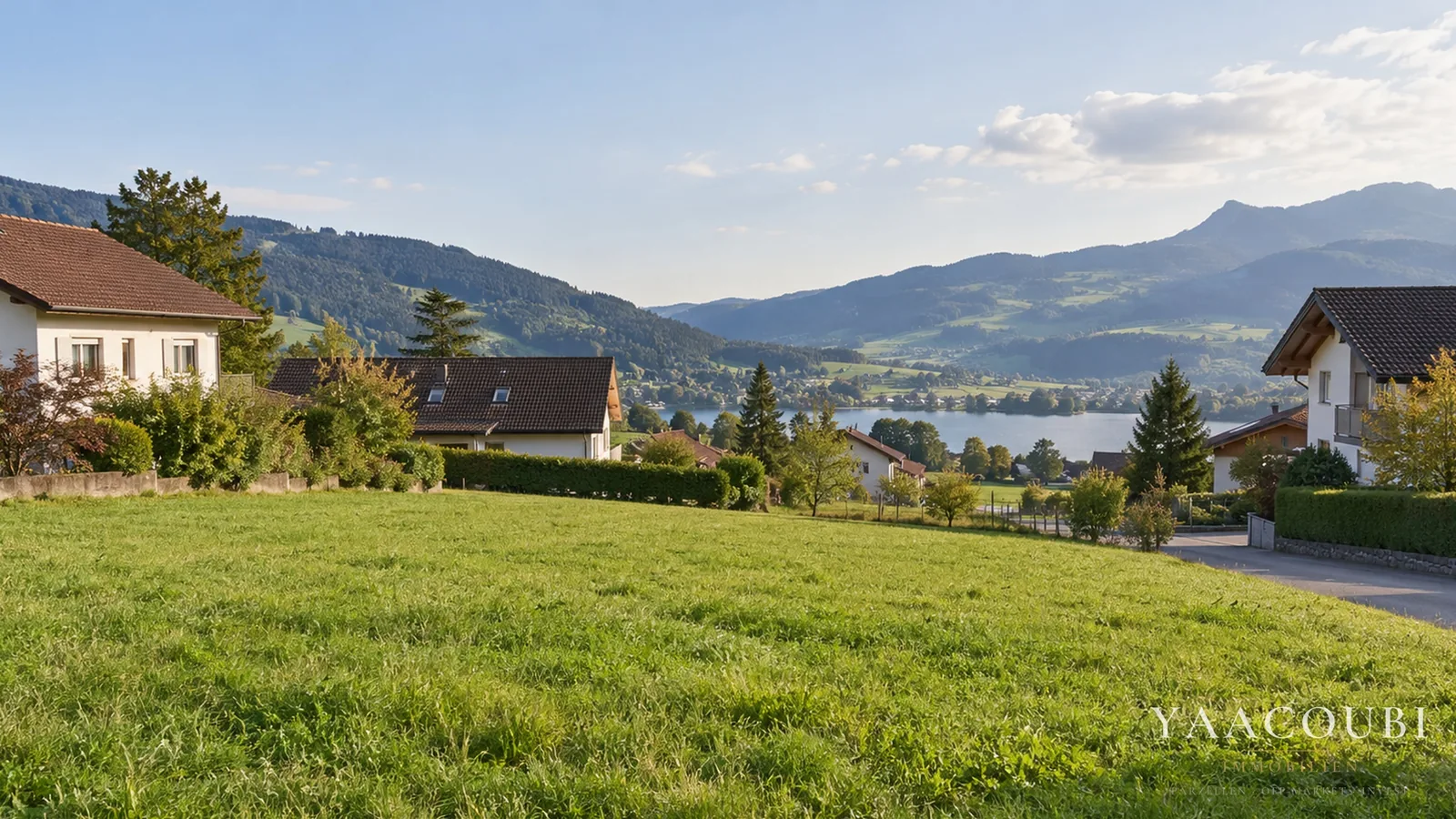 Wiese am Dorfrand mit Blick auf See und Berge