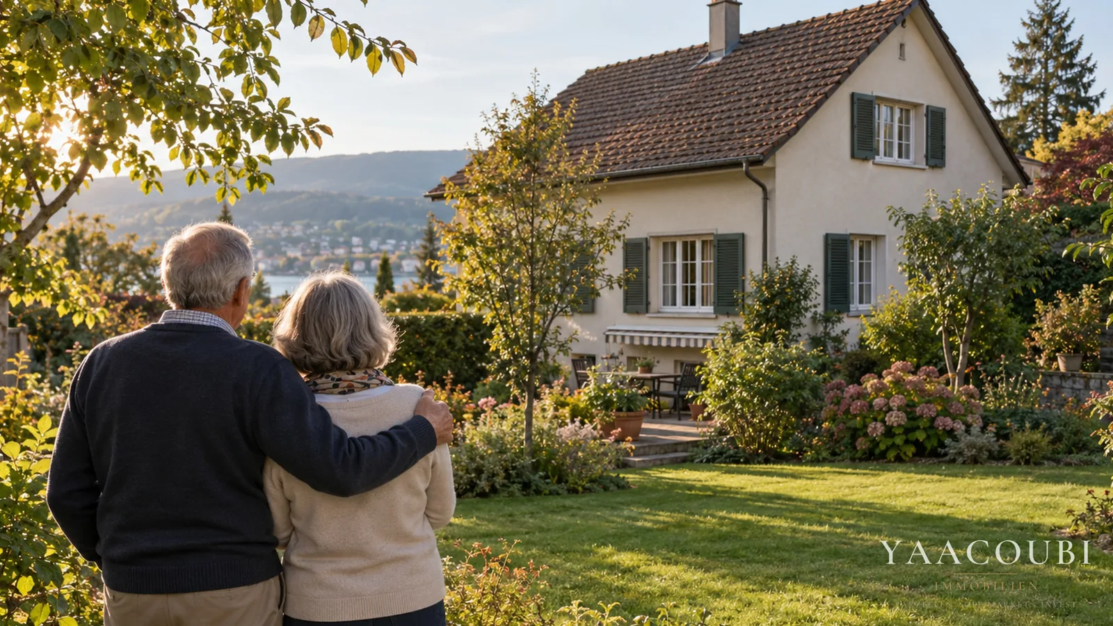 Älteres Ehepaar vor seinem Haus mit Garten