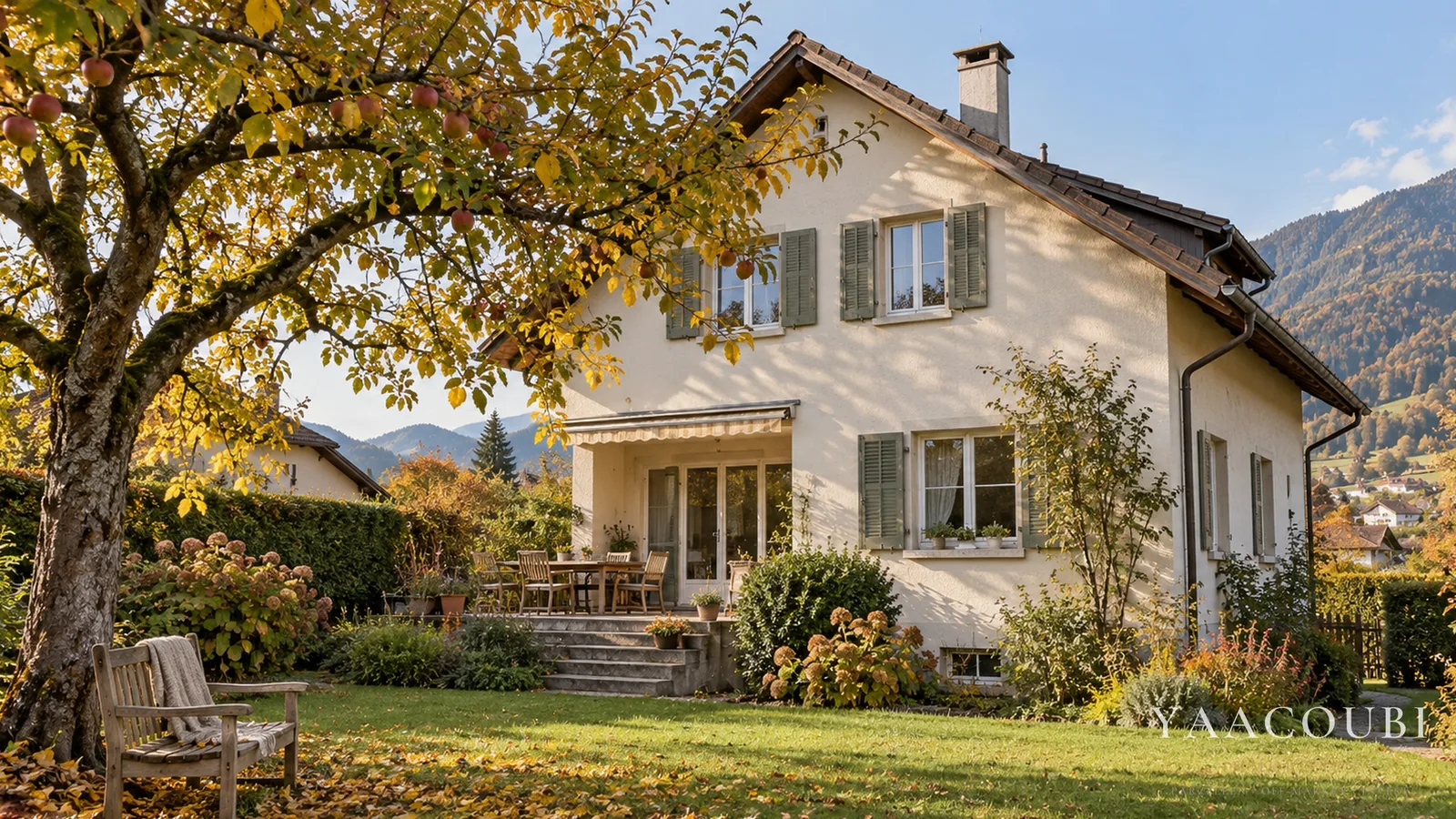Elternhaus mit Garten im Herbst