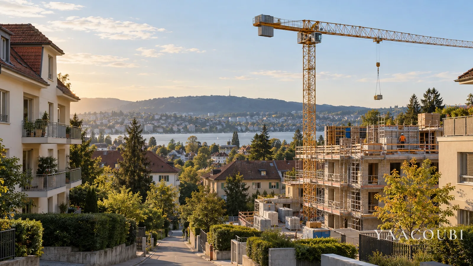 Baukran über einem Wohnquartier