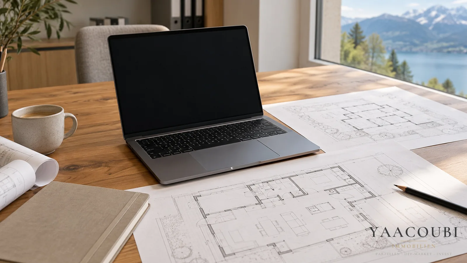 Laptop mit Plänen auf dem Arbeitstisch