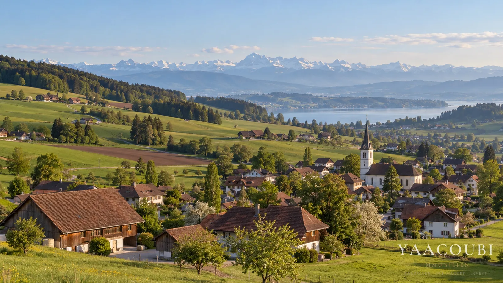 Dorf im Mittelland mit Blick auf die Alpen
