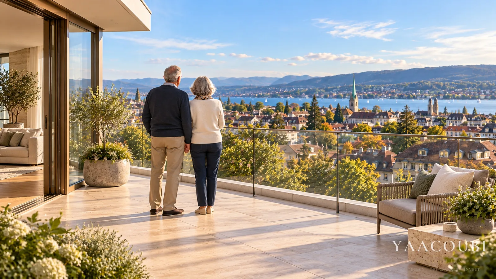 Ein Ehepaar auf einer Terrasse mit Blick über Stadt und See