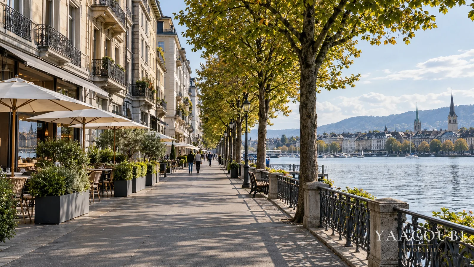 Seepromenade in Zürich mit Blick auf die Altstadt