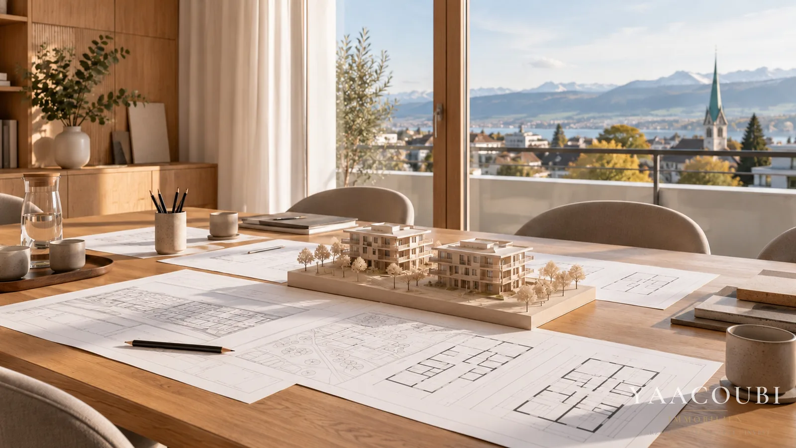 Besprechungstisch mit Plänen und Architekturmodell