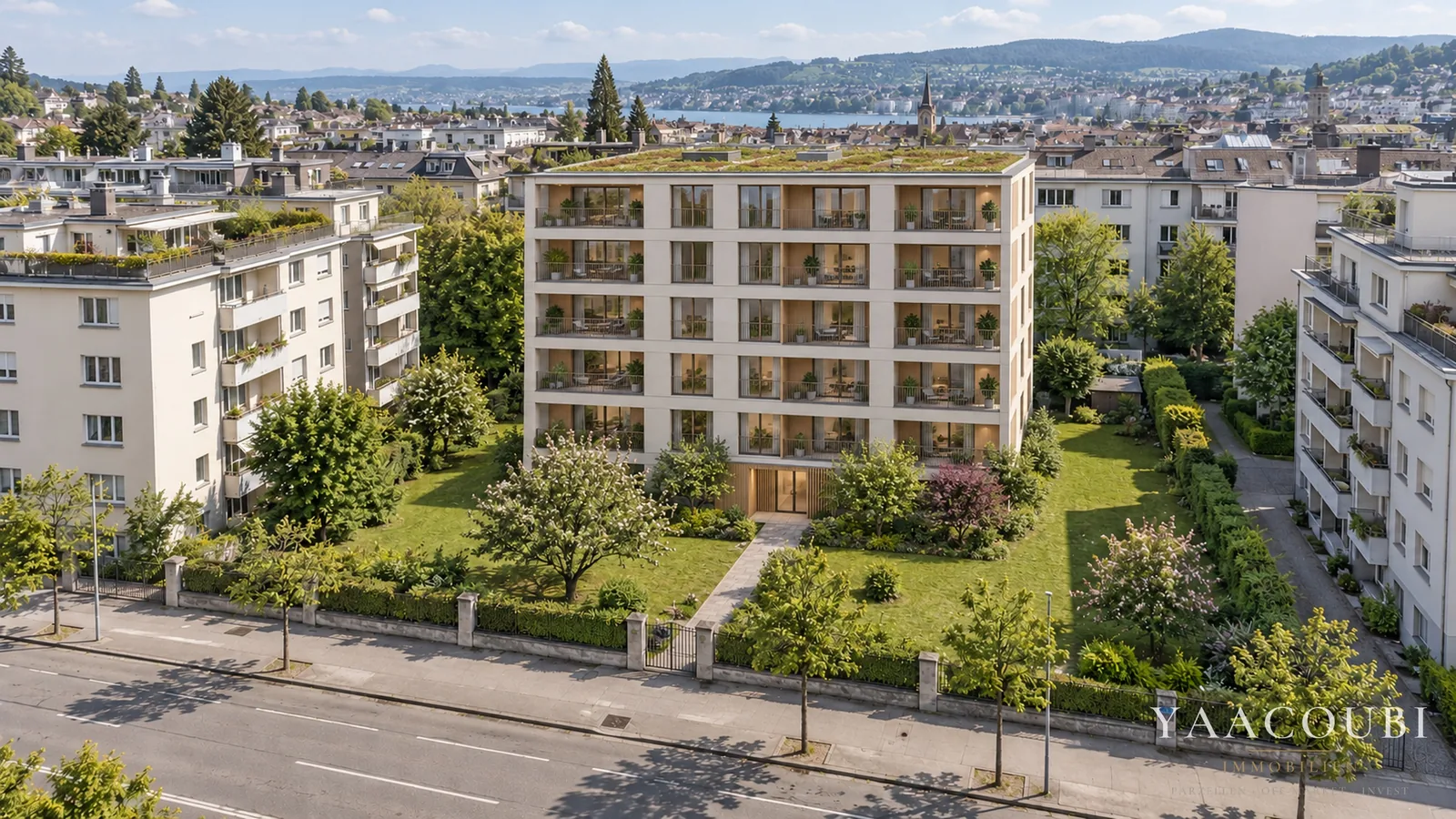 Stadtgrundstück zwischen Nachbarhäusern, sechs Geschosse